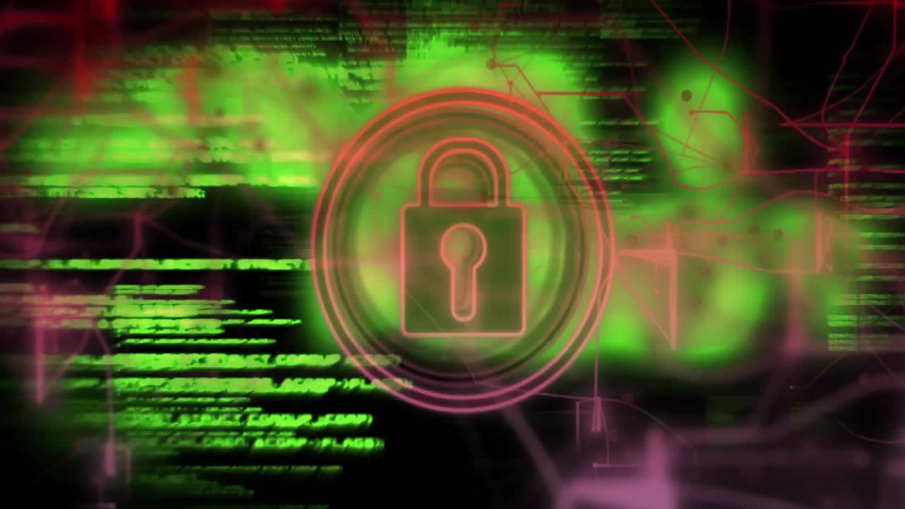 Scrolling green code starting padlock pulsing and outline thickening while visualizing security