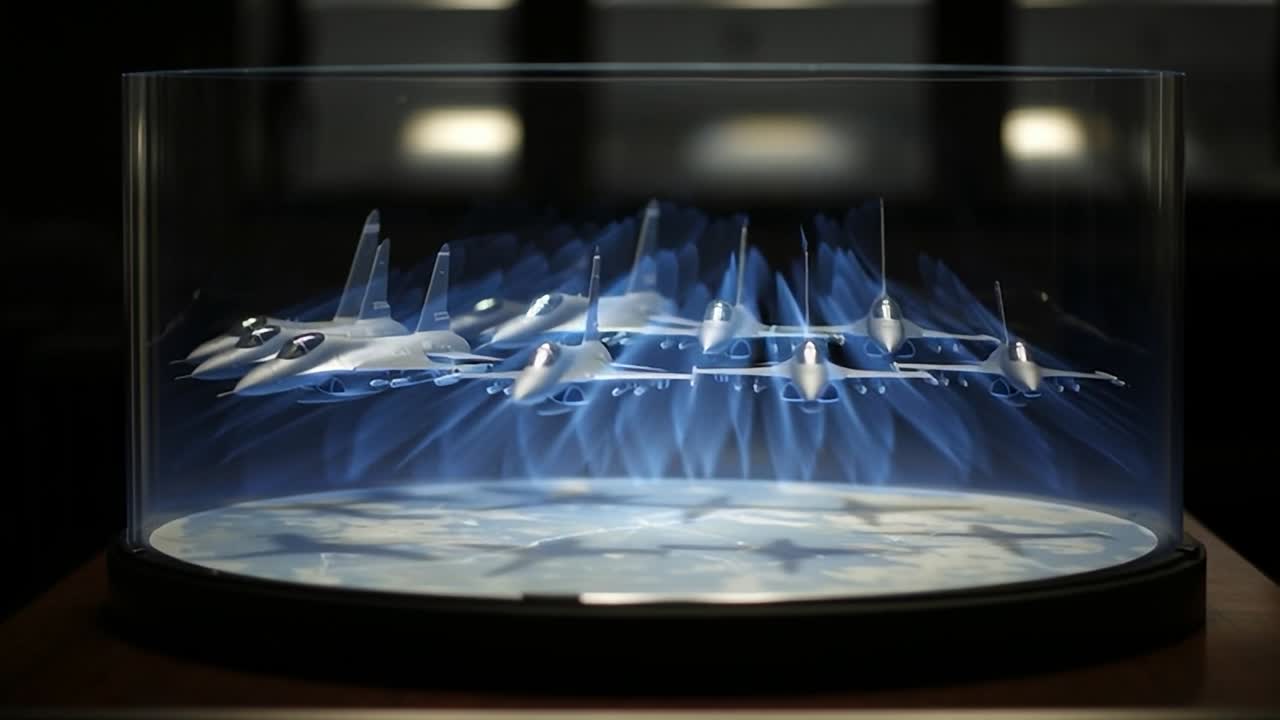 Futuristic display of fighter jets above swirling mist in exhibition