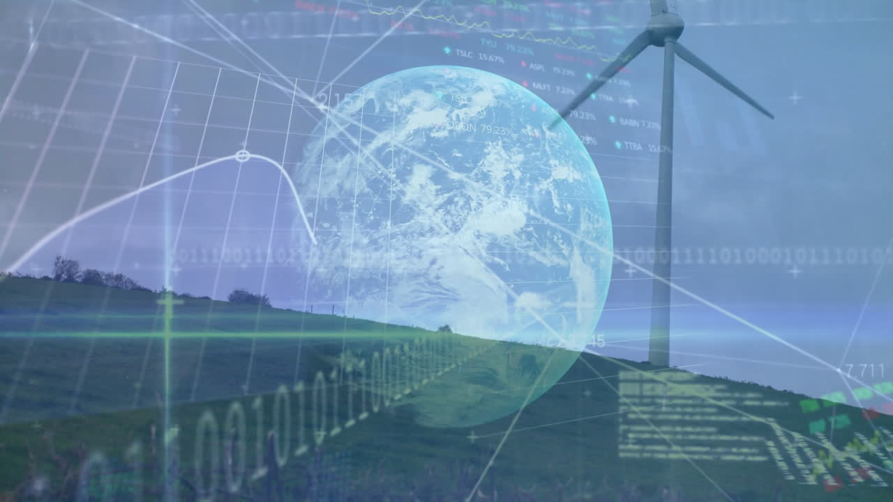 Animated scene showing hill with wind turbine, featuring spinning digital globe and grid lines