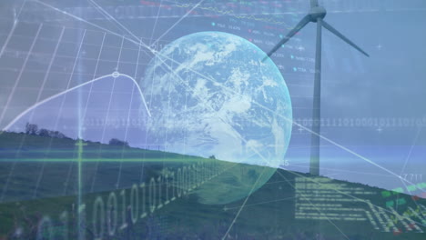 animated scene showing hill with wind turbine, featuring spinning digital globe and grid lines