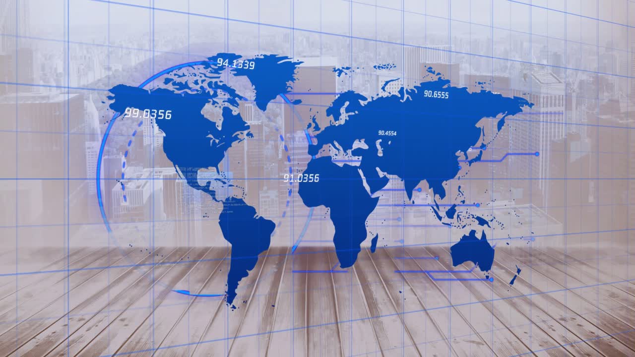 animación del procesamiento de datos y mapa del mundo sobre el paisaje urbano