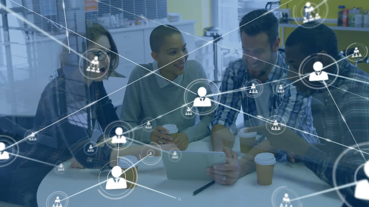 Animation of network of connections with people icons over diverse business people in office