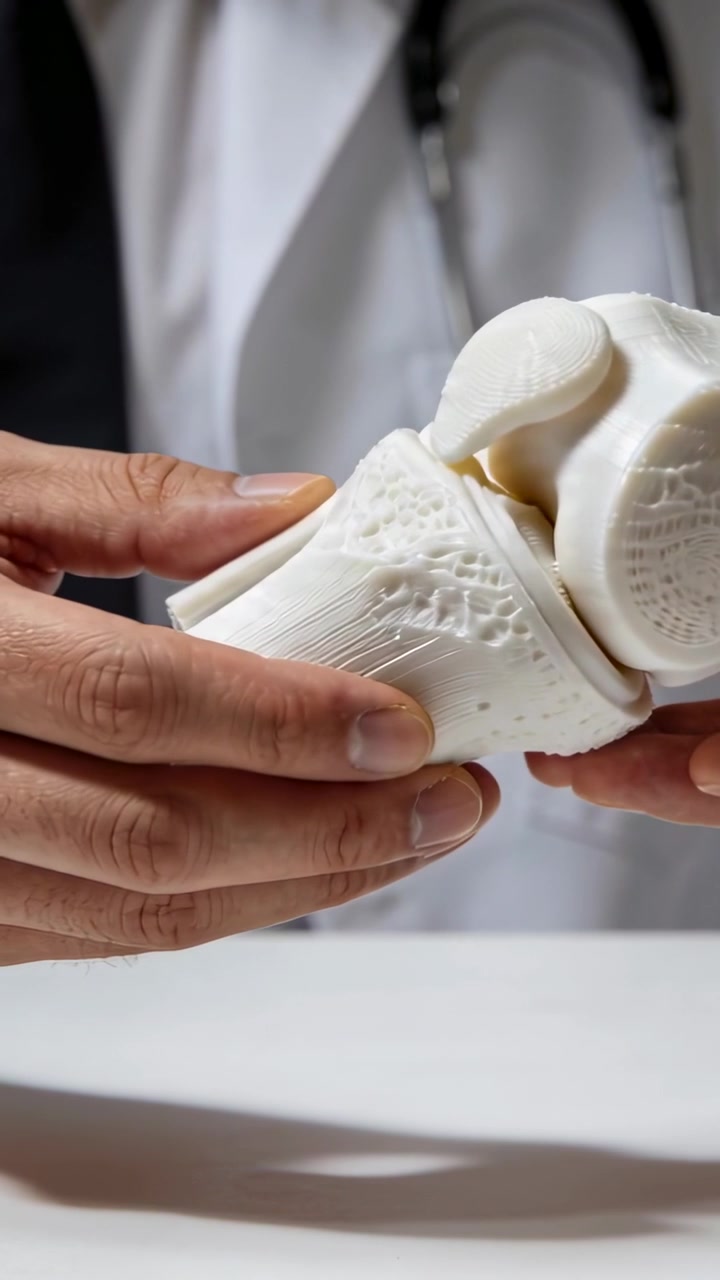 Video verticale: Sollevando un modello, un medico in camice che ruota l'articolazione del ginocchio vicino alla telecamera mostrando i dettagli della tibia