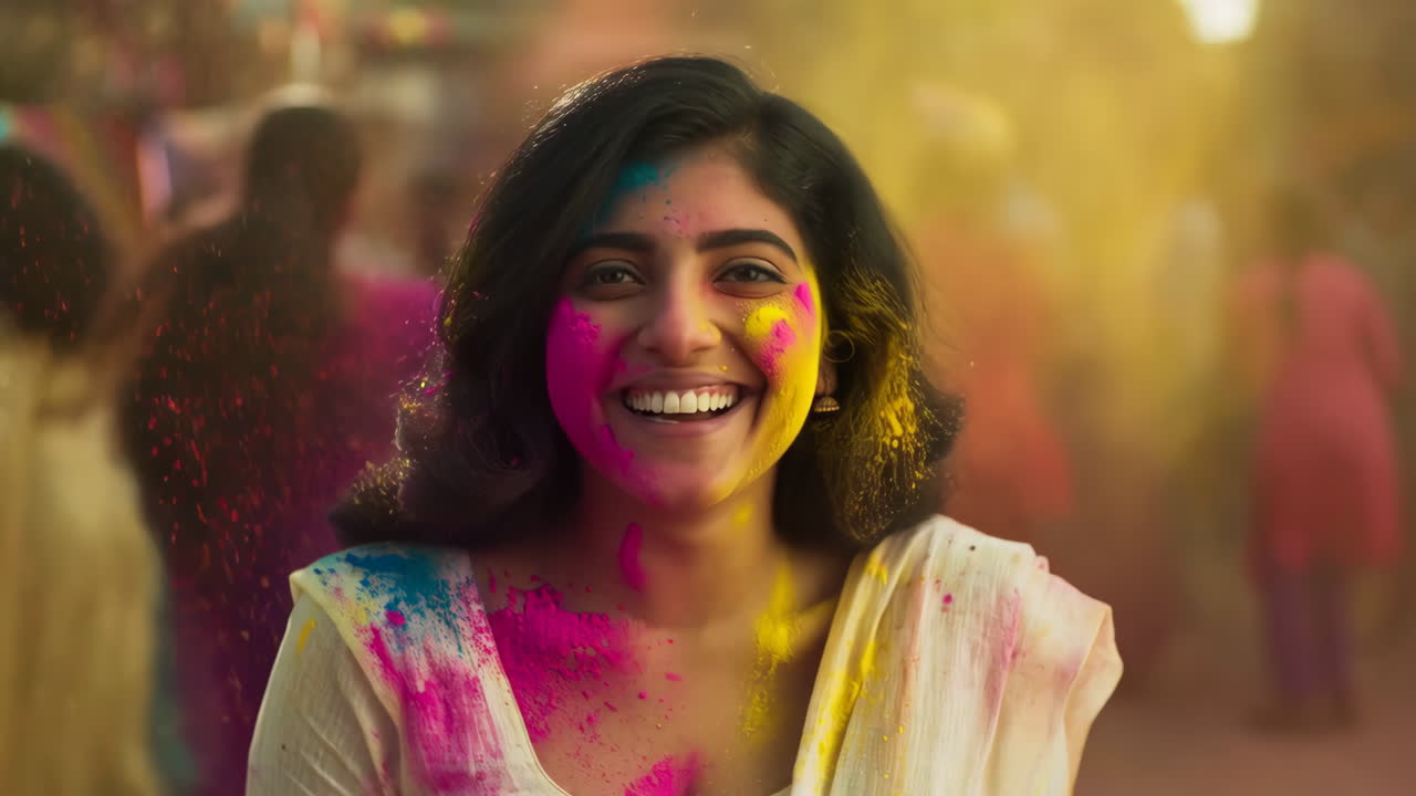 Donna allegra che celebra il festival di Holi