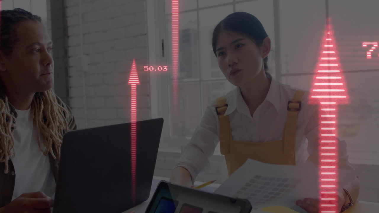 Business professionals discussing data with rising red arrow animation overlay