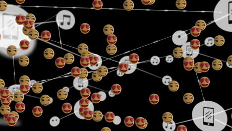 animación de las conexiones de red con música, iconos de teléfonos inteligentes y emoticones 3d