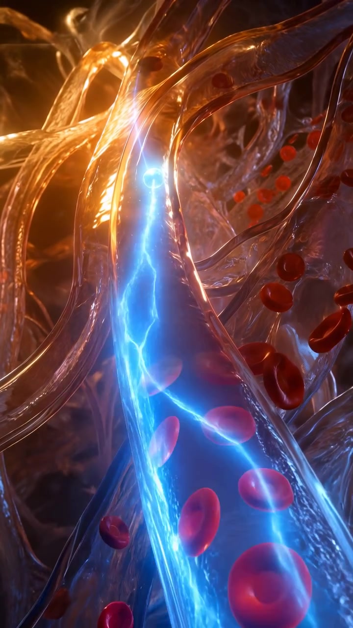 Glowing blue light advances through central transparent vessel as red blood cells drift within surrounding branches, creating vivid contrast between cool energy and amber vascular tissue.