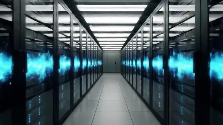 High-tech servers line the walls of a modern server room, showcasing powerful equipment and intricate design. Bright lights illuminate the space, highlighting the advanced technology within.