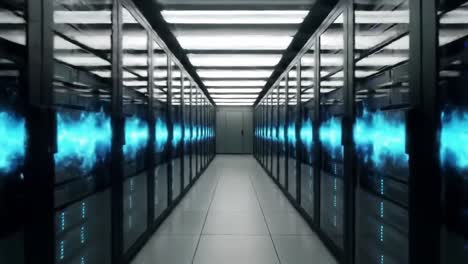 High-tech servers line the walls of a modern server room, showcasing powerful equipment and intricate design. Bright lights illuminate the space, highlighting the advanced technology within.