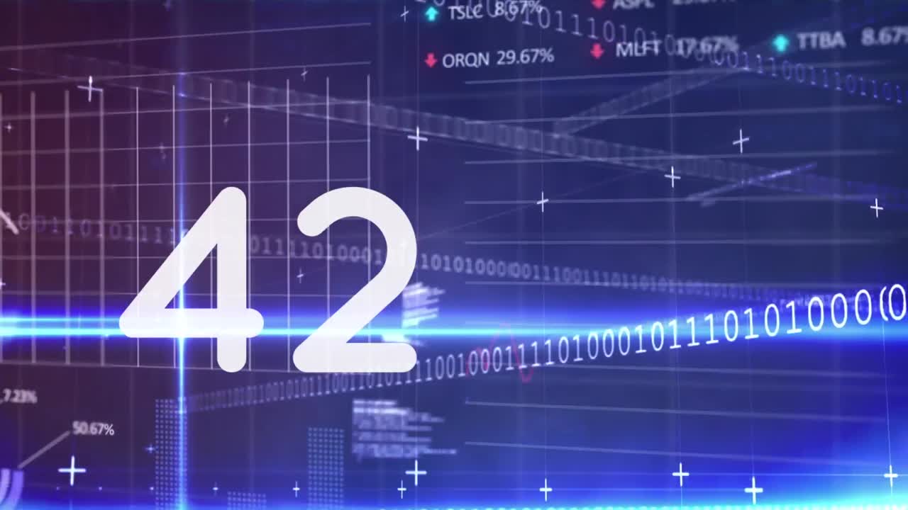 Animation of numbers and data processing on blue background