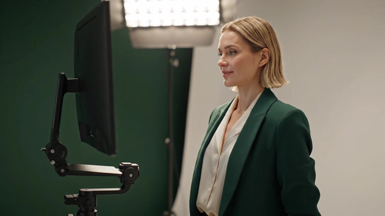Una donna professionista che regola un monitor in un ambiente studio, impegnata in una presentazione video o una riunione virtuale con un'espressione sicura.
