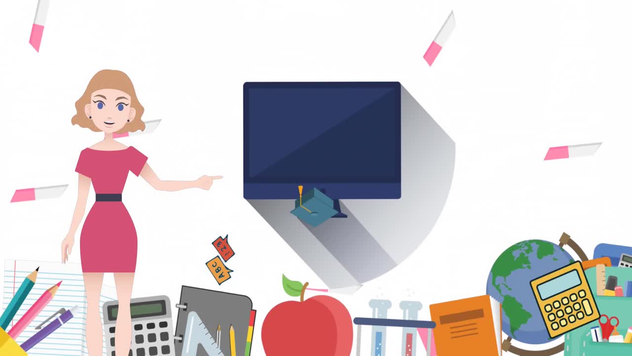 Animation of woman talking over school icons