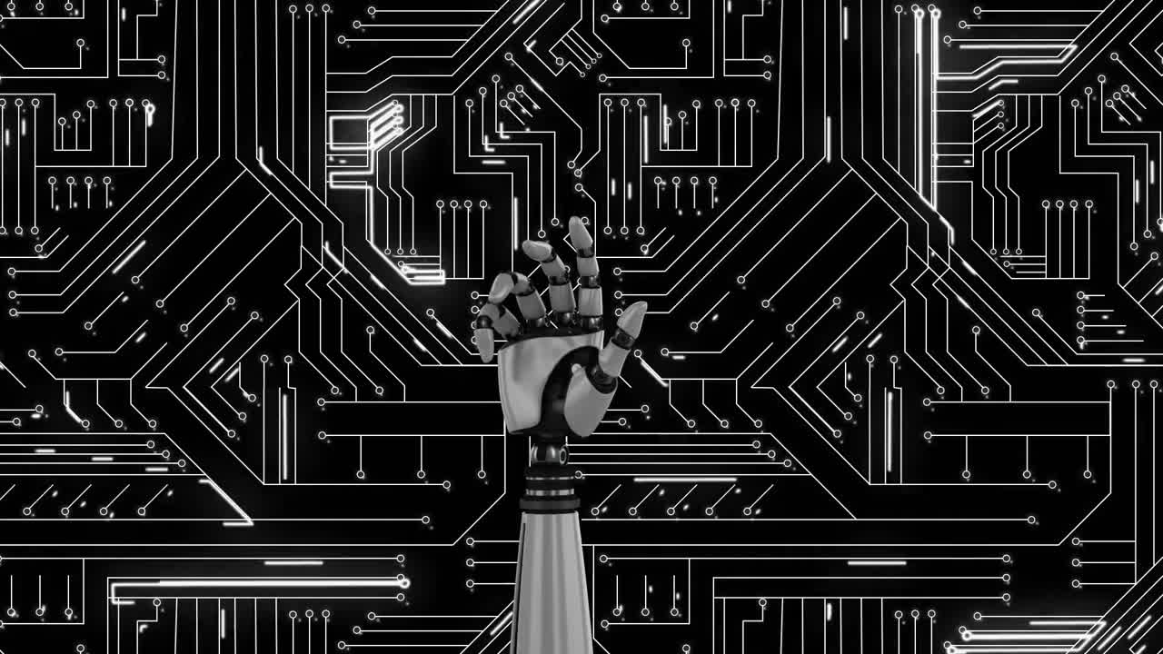 mano de robot y placa de circuito blanco brillante