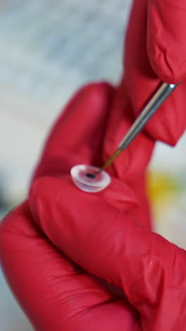 making eye prosthesis in laboratory. professional artist in medical gloves painting artificial eye with a brush. ophthalmology concept. close-up. vertical video