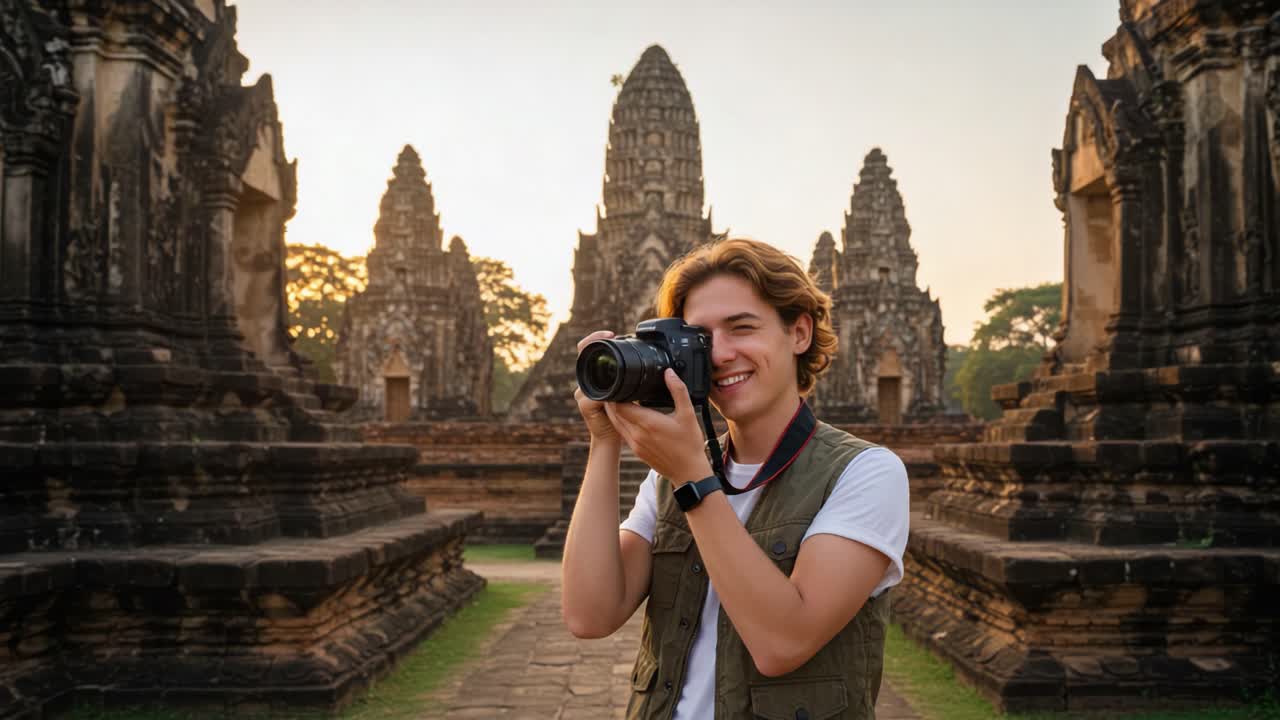 A Smiling Photographer Captures Stunning Temple Ruins at Sunset, Showcasing the Beauty of Ancient Architecture and the Joy of Exploration in Serene Surroundings
