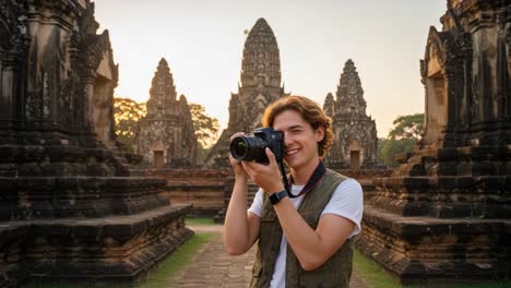 a smiling photographer captures stunning temple ruins at sunset, showcasing the beauty of ancient architecture and the joy of exploration in serene surroundings