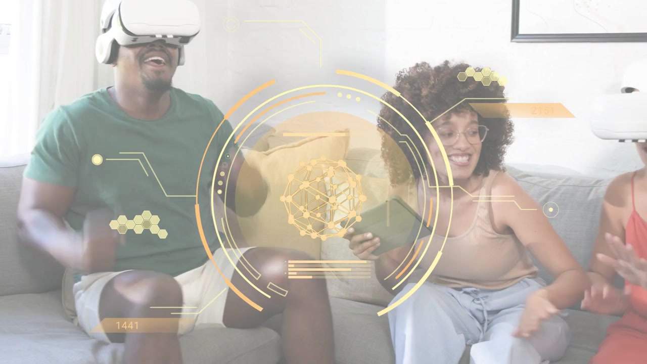 Center woman using tablet, phone, initiating tech demo, HUD overlaying faces, group wearing VR gear