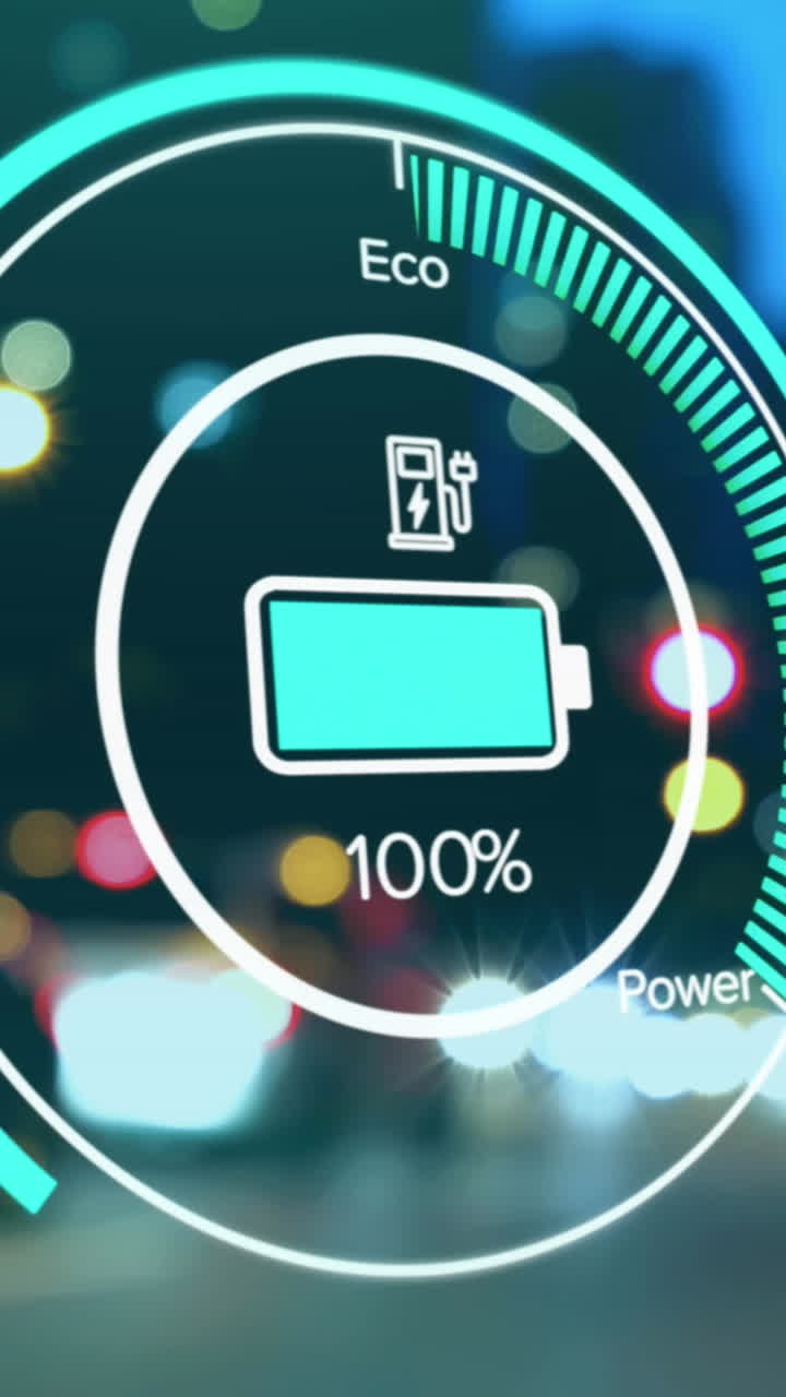 Animation of changing charge status data on electric vehicle interface, over city at night