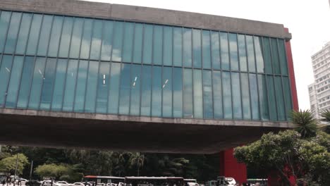 masp museum pan shot back facade view cloudy day