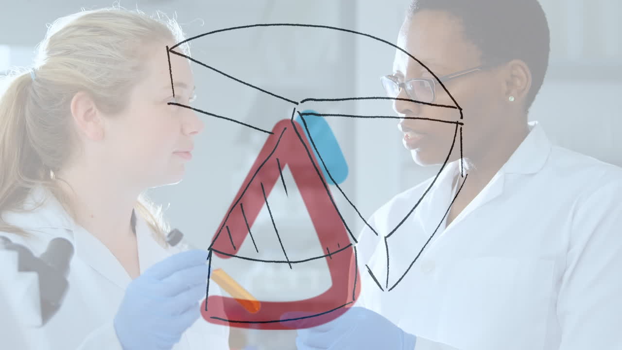 animación de dibujos de diagramas sobre diversas científicas en el laboratorio