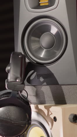 primer plano de una cara borrosa en primer plano, con una configuración de estudio de grabación visible en el fondo, incluido un altavoz y un par de auriculares colgados en él