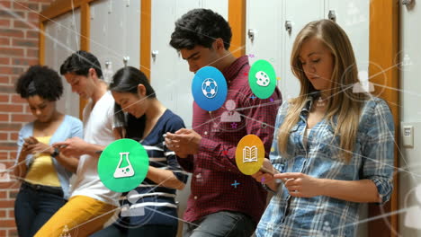 animation of colorful icons and network of connections over diverse students using smartphones