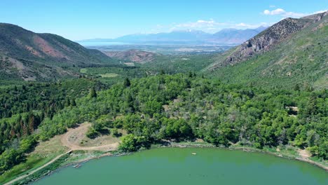 aerial shot maple lake on nebo loop up payson canyon above utah valley mountains