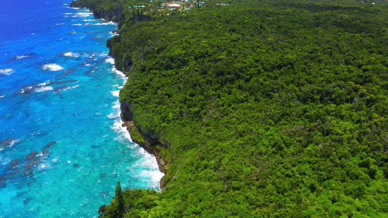 un dron captura una impresionante vista aérea de la costa de una isla tropical con frondosos bosques y una impresionante laguna azul