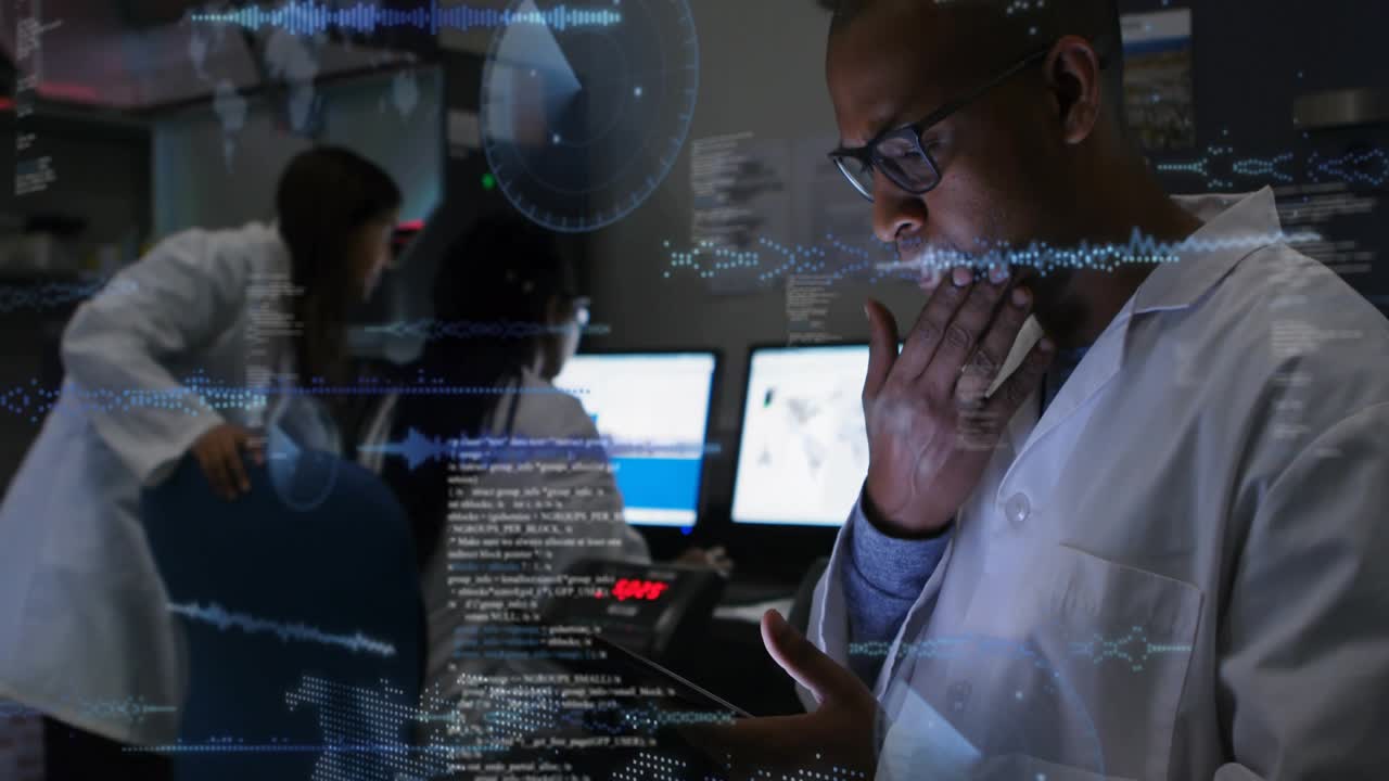 Male researcher tapping tablet in dim research room, initiating digital overlays for data review