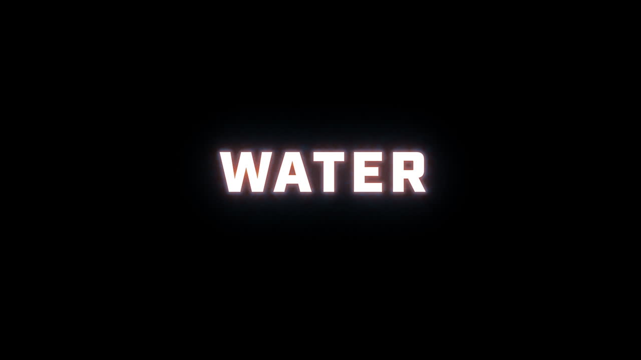 Rivelazione di testo 4K della parola "acqua" su sfondo nero
