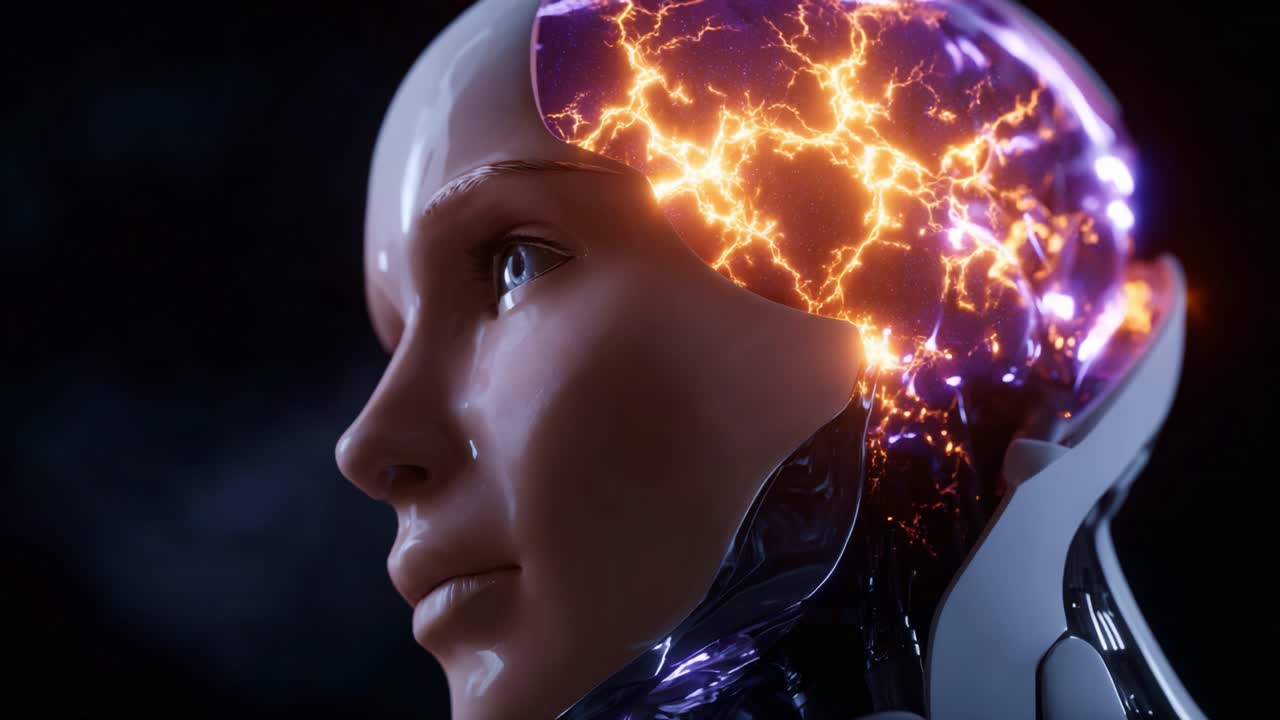 A close-up view of a humanoid robot's head showcasing the intricacies of its neural pathways illuminated by vibrant electric sparks against a dark backdrop
