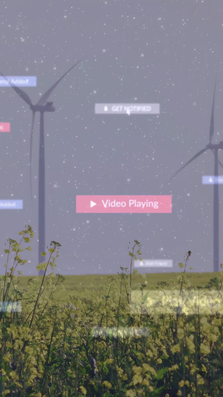 Video verticale: Cursore che si muove, turbina che ruota in un campo mentre i tag dell'interfaccia utente scorrono per i progettisti energetici.