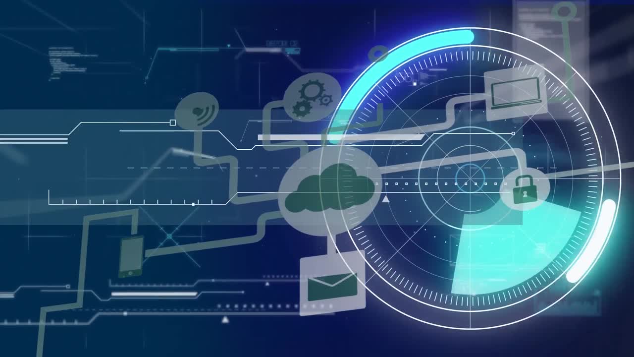 Animation of digital screen with diverse data, radar and tech icons