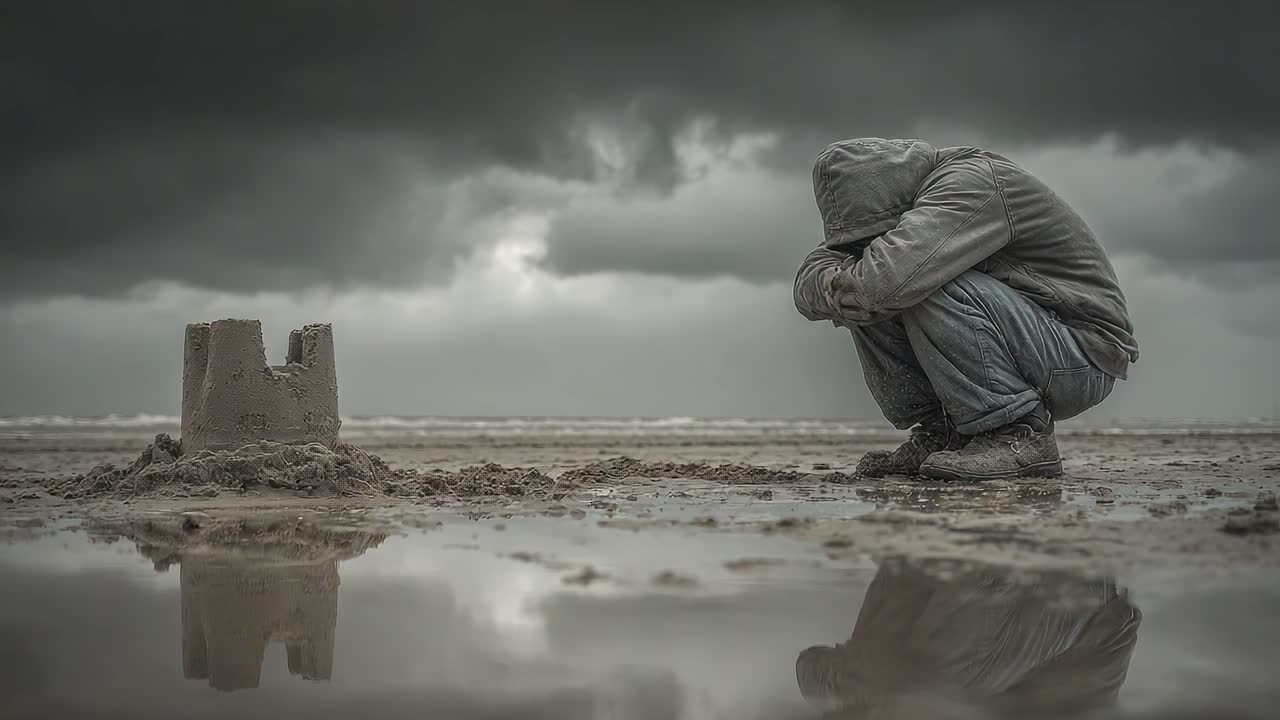 A Reflective Moment on the Beach: An Individual Contemplates Loneliness and Reflection While Sitting Next to Their Sandcastle Under Ominous Clouds