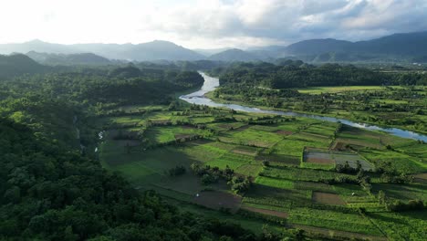 drone dolly stunning farmland fields in philippines countryside by large winding river