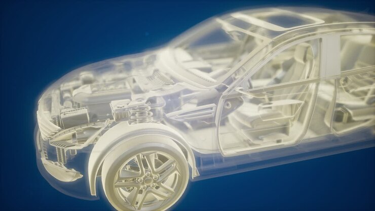 Holographic animation of 3D wireframe car model with engine