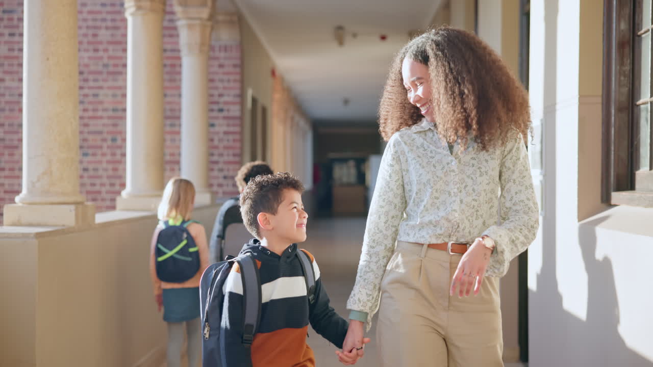 School, kid and mother smile holding hands walking