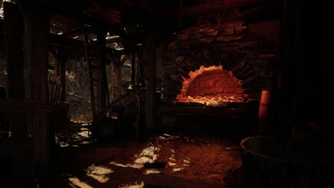 A rustic indoor setting featuring a glowing stone fireplace in an old workshop