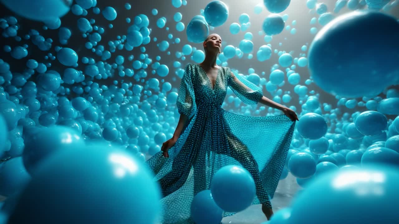 A captivating model gracefully poses among a sea of vibrant blue spheres, showcasing elegance and artistry in a surreal setting, blending fashion, creativity, and innovative design in a mesmerizing environment