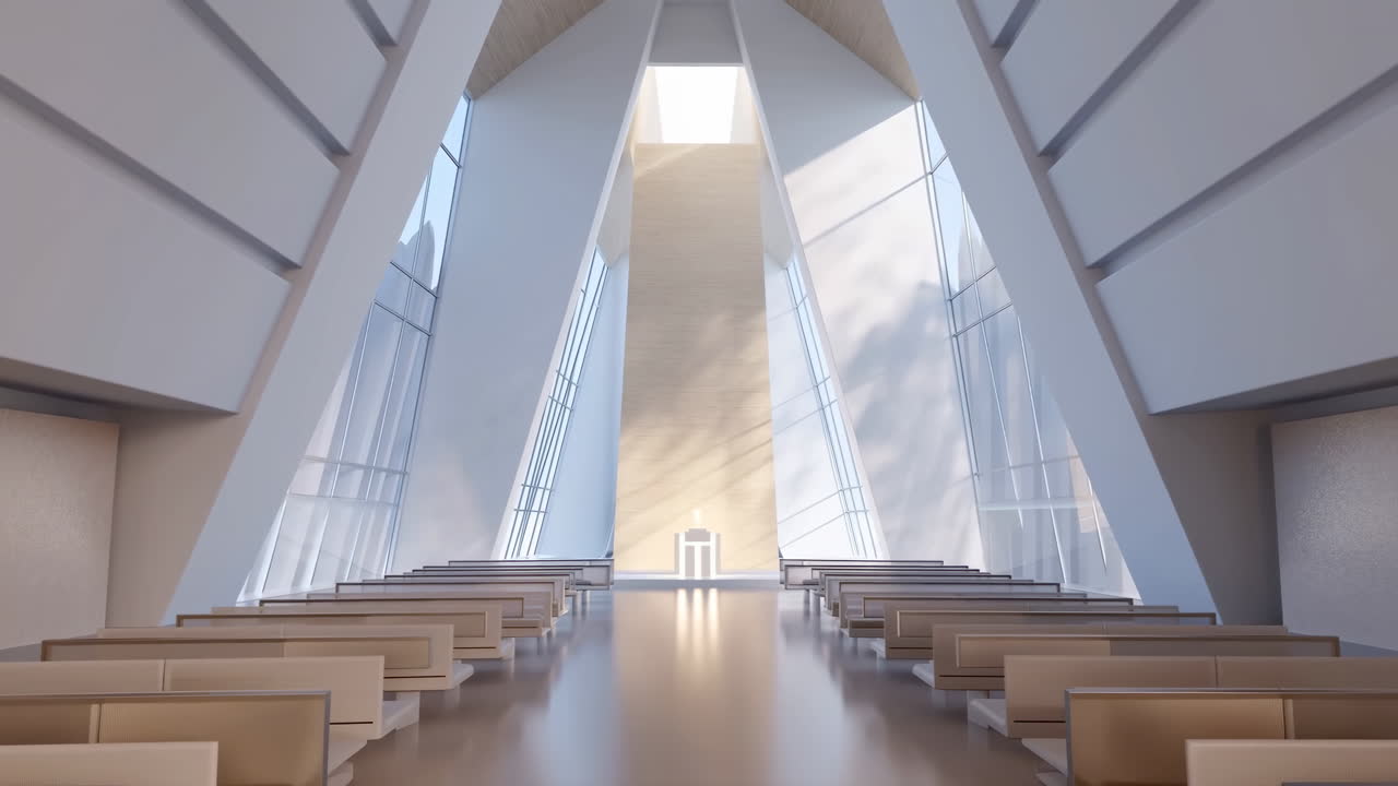 Interno sereno di una cappella moderna con design simmetrico e luce naturale