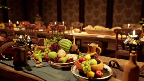 a feast of assorted food and drinks on a beautifully set rustic table