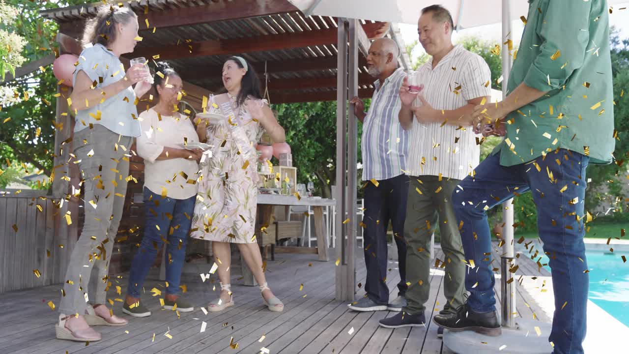 Confetti falling, group reacting on deck, center woman stepping, offering plate, celebrating party