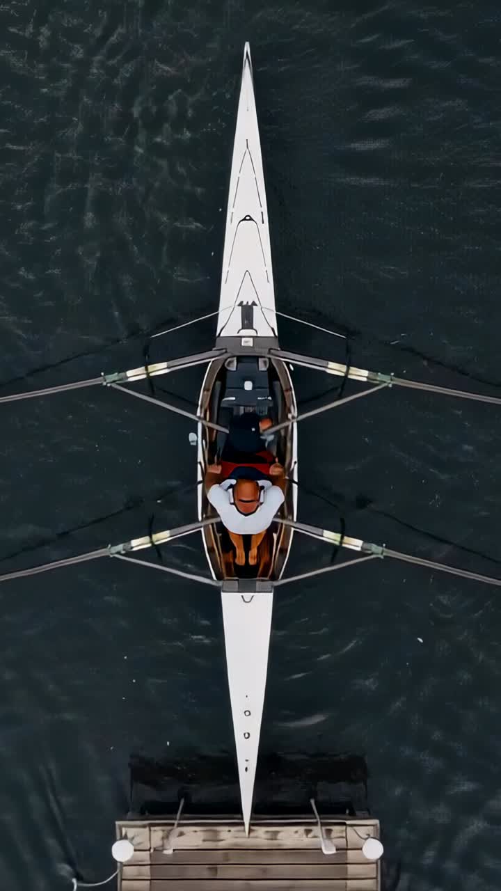 Vertical video: Pushing, rower in white top, orange shorts sculling from dock into lake in scull