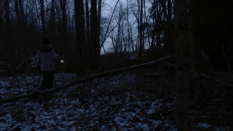 a child walks through a dark snowy forest at dusk, holding a lantern for light