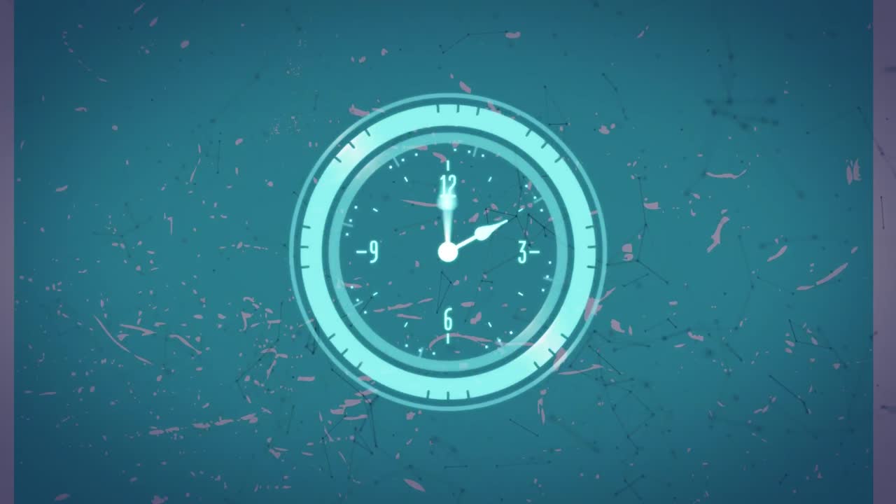 Animation of scanner with clock face over networks of connections, on splattered green background
