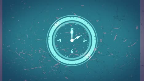 animation of scanner with clock face over networks of connections, on splattered green background