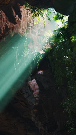 sunlight shining through a cave opening in a tropical jungle