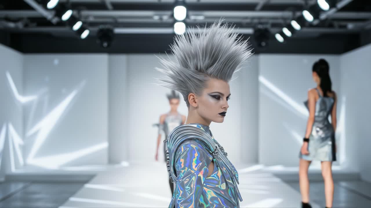 Striking Futuristic Fashion Display Featuring a Model with Bold Spiked Hair and Iridescent Garments on the Runway Amidst a High-Tech Environment