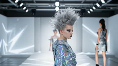 striking futuristic fashion display featuring a model with bold spiked hair and iridescent garments on the runway amidst a high-tech environment