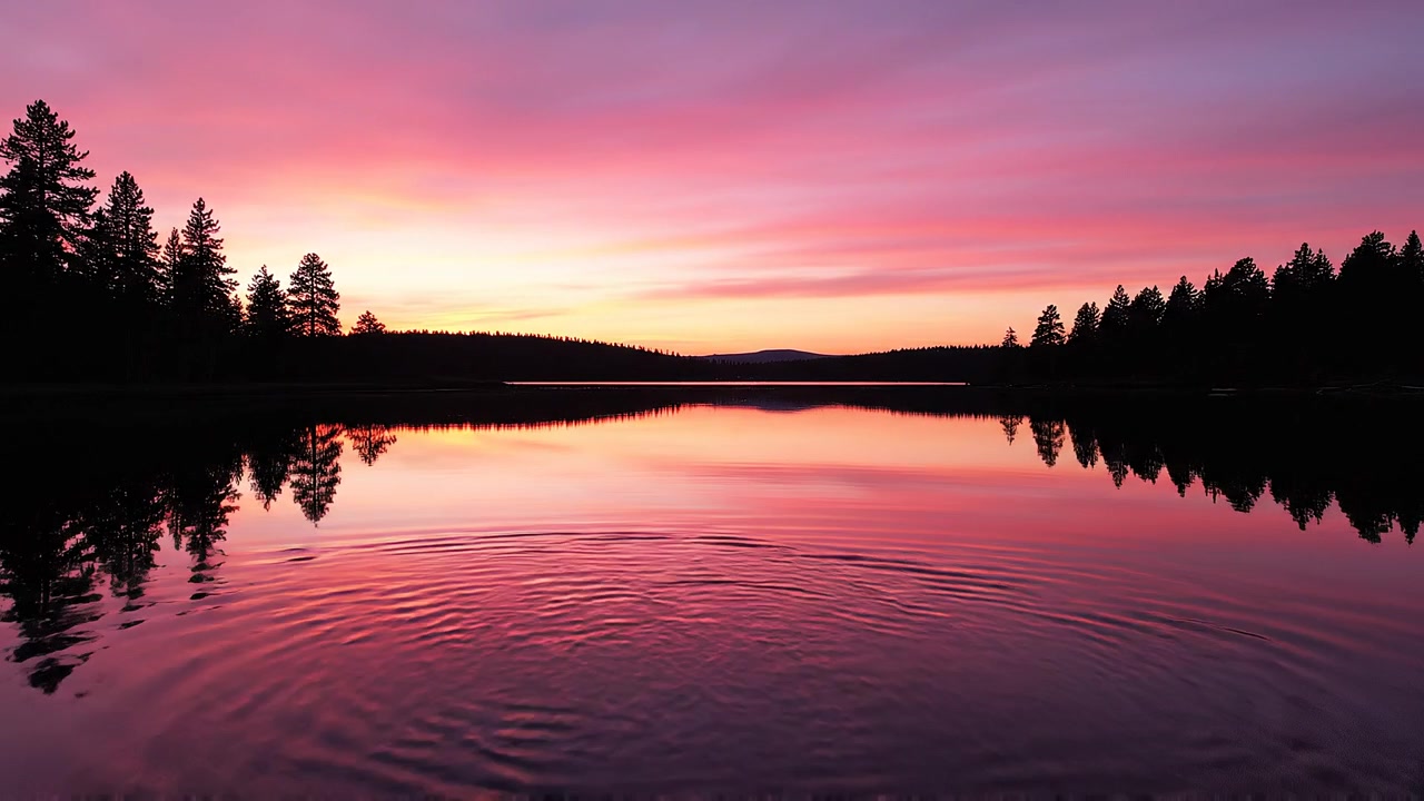 Serene Lake Sunset with Pink Sky and Forest Reflections